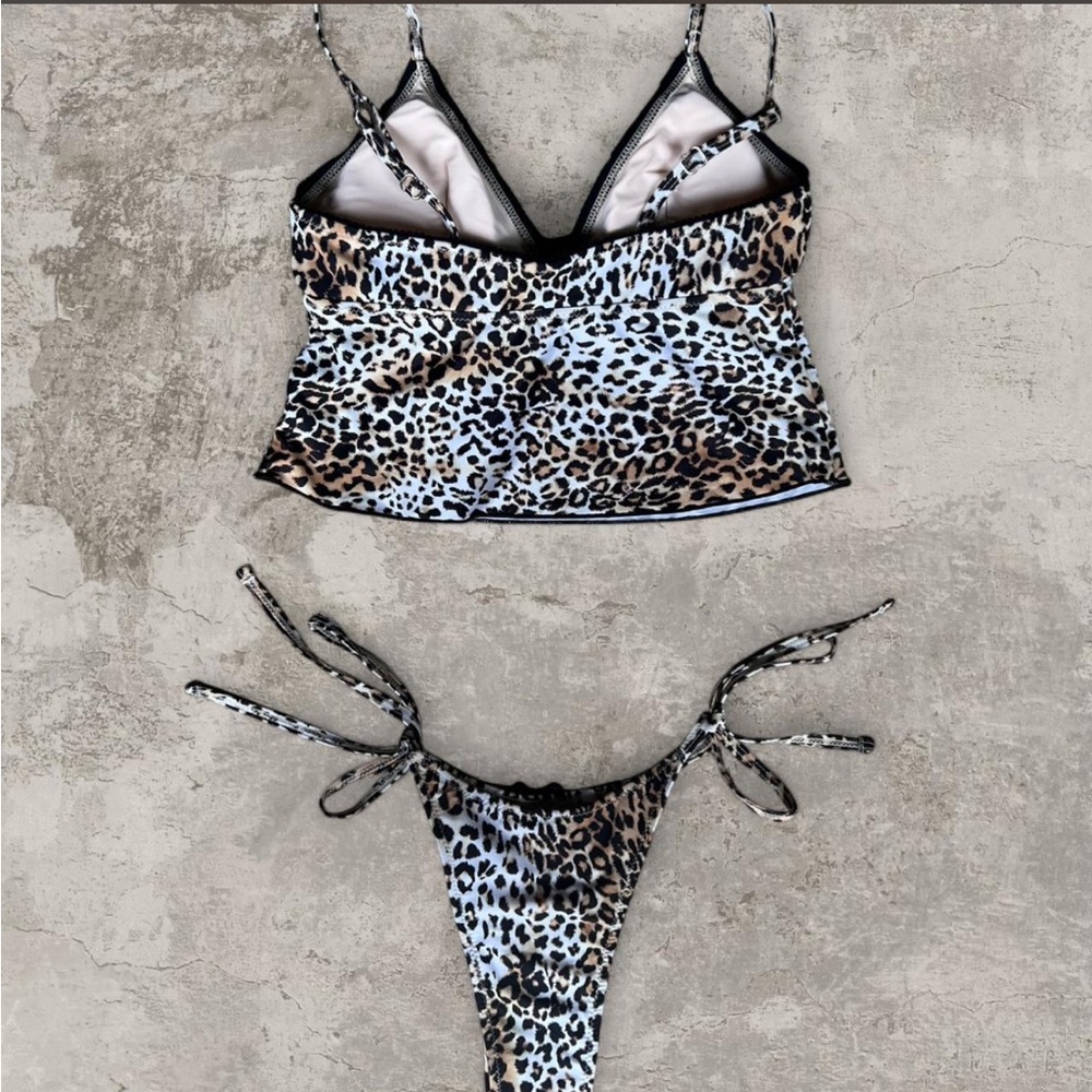 leopard print seamolly tankini set with picot trim detailing - Picture 3 of 3